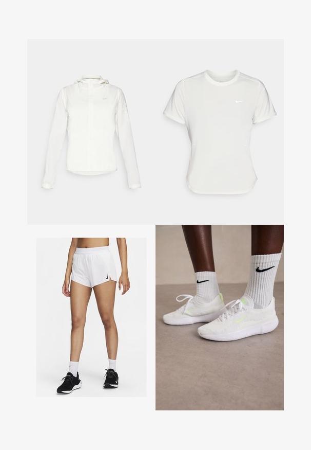 White Nike jacket with a hood, full zip, elastic cuffs, and a subtle logo on the chest. Smooth texture and lightweight design.; Nike T-shirt in white, short sleeves, round neckline, made from a smooth, lightweight fabric. Features a subtle logo on the chest.; White athletic shorts with a ribbed waistband, side slits, and a black Nike logo. Worn with black sneakers and white crew socks.; White Nike sneakers with textured mesh upper and neon green accents, paired with ribbed white socks featuring a black logo.