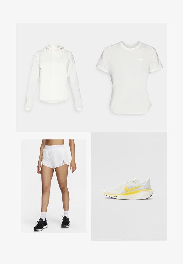 Chaqueta blanca de Nike con capucha, cremallera completa, puños elásticos y un logo sutil en el pecho. Textura suave y diseño ligero.; Camiseta Nike en blanco, de manga corta, escote redondo, hecha de una tela suave y ligera. Presenta un logo sutil en el pecho.; Pantalones cortos deportivos blancos con cinturilla acanalada, aberturas laterales y un logo negro de Nike. Se llevan con zapatillas negras y calcetines blancos hasta la mitad de la pantorrilla.; Zapatilla de running Nike en malla blanca con detalles amarillos. Cuenta con una suela acolchada y un diseño superior transpirable. Suela exterior de goma negra texturizada.