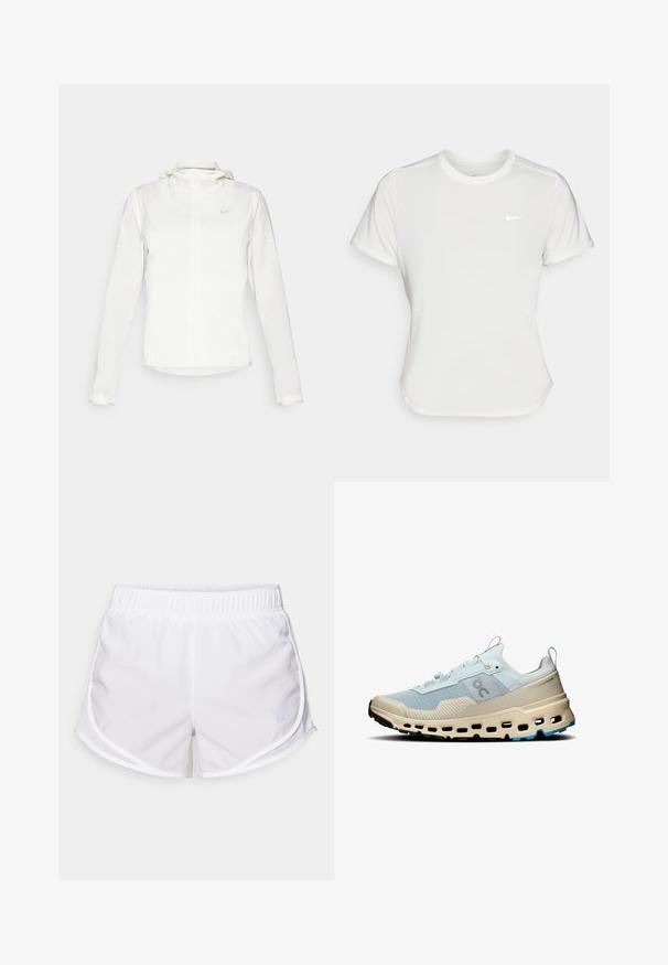 Valge Nike jakker, millel on kapuuts, täispikk tõmblukk, elastsed mansetid ja diskreetne logo rinnal. Sile tekstuur ja kerge disain.; Nike T-särk valgetes toonides, lühikeste varrukatega, ümar kaelus, valmistatud siledast ja kergest kangast. Rinnal on peene logo.; Valged spordilühikesed püksid, mis on valmistatud kergest ja hingavast kangast. Omavad elastset vöökohta ja võrkpaneele külgedel, millel on väike sinine logo aktsent.; Heledad sinine võrgust jooksujalats, beežide detailidega, tekstuurse viimistlusega, silmapaistvate keskosa ärakäikudega ja kontrastse musta välispõhjaga.