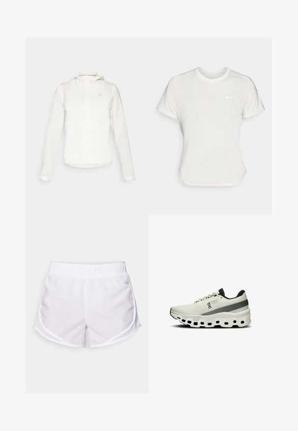 Valge Nike jakker, millel on kapuuts, täispikk tõmblukk, elastsed mansetid ja diskreetne logo rinnal. Sile tekstuur ja kerge disain.; Nike T-särk valgetes toonides, lühikeste varrukatega, ümar kaelus, valmistatud siledast ja kergest kangast. Rinnal on peene logo.; Valged spordilühikesed püksid, mis on valmistatud kergest ja hingavast kangast. Omavad elastset vöökohta ja võrkpaneele külgedel, millel on väike sinine logo aktsent.; Valge sportlik king, millel on tekstureeritud kudumise ülemine osa, hall riba ja paks, pehmendusega tallaga, kus on kuusnurksete avadega paindlikkuse tagamiseks.