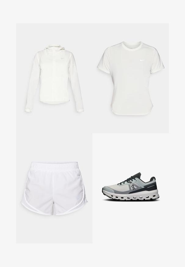 Bílá bunda Nike s kapucí, plným zipem, elastickými manžetami a decentním logem na hrudi. Hladká textura a lehký design.; Bílá Nike tričko s krátkými rukávy, kulatým výstřihem, vyrobené z hladké, lehké tkaniny. Obsahuje decentní logo na hrudi.; Bílé sportovní šortky vyrobené z lehké, prodyšné tkaniny. Mají elastický pás a síťované boční panely, s malým modrým logem jako akcentem.; Běžecká obuv s lehkým šedým síťovaným svrškem, tmavě modrými akcenty a silnou bílou mezipodešví s výřezy. Šňůrky jsou tmavě šedé.