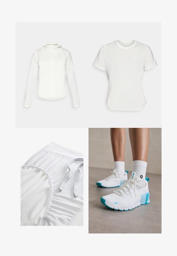 Jachetă albă Nike cu glugă, fermoar pe toată lungimea, manșete elastice și un logo subtil pe piept. Textură netedă și design ușor.; Tricou Nike alb, cu mâneci scurte, decolteu rotund, fabricat dintr-un material neted și ușor. Prezintă un logo subtil pe piept.; Shorts albi de sport cu un tiv texturat, detalii laterale pliate și un șnur plat. Material moale cu un finisaj neted.; Pantofi sport albi cu accente turcoaz, partea superioară texturată, talpă flexibilă și sireturi. Purtați cu șosete albe.