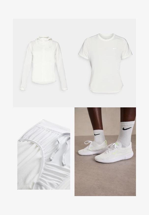 Giacca Nike bianca con cappuccio, zip completa, polsini elasticizzati e un logo discreto sul petto. Texture liscia e design leggero.; T-shirt Nike bianco, maniche corte, scollatura rotonda, realizzata in un tessuto morbido e leggero. Presenta un logo discreto sul petto.; Pantaloni sportivi bianchi con una vita testurizzata, dettagli arricciati sui lati e un cordino piatto. Tessuto morbido con finitura liscia.; Sneaker Nike bianche con upper in mesh testurizzato e accenti verde neon, abbinate a calze bianche a coste con un logo nero.