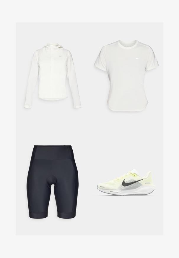 Hvid Nike-jakke med hætte, fuld lynlås, elastiske manchetter og et diskret logo på brystet. Glat tekstur og let design.; Nike T-shirt i hvid, med korte ærmer, rund halsudskæring, lavet af et glat, let stof. Har et diskret logo på brystet.; Sorte cykelshorts fremstillet af glat, strækbart stof. Højtaljet design med en polstret indsats og sømdetaljer.; Nike løbesko med en lys gul og hvid mesh-overdel, grå detaljer og en fleksibel gummisål. Har snørebånds Lukning.