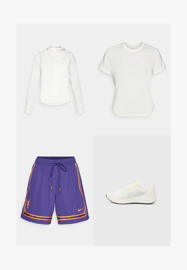 Casaco branco da Nike com capuz, fecho completo, punhos elásticos e um logótipo subtil no peito. Textura suave e design leve.; T-shirt da Nike em branco, mangas curtas, decote redondo, feito de um tecido liso e leve. Apresenta um logo discreto no peito.; Calções desportivos roxos com detalhes laranja, apresentando uma cintura com cordão, riscas laterais e um logótipo em silhueta. Feitos de material respirável.; Nike Performance DOWNSHIFTER 13 - Sapatos para corrida em estrada - sail/silver-coloured photon dust/summit white/barely volt/black