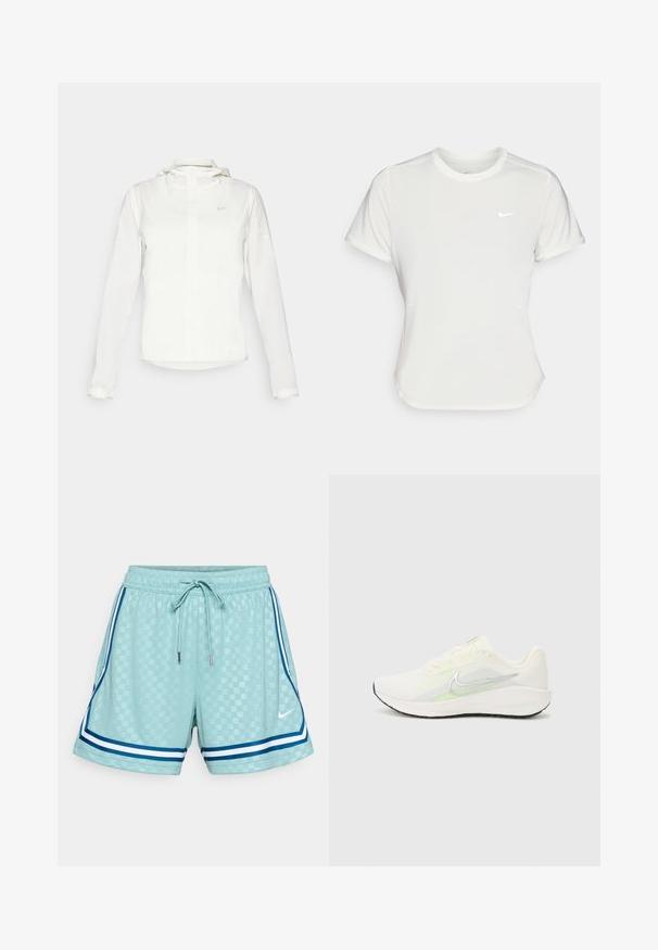 Hvit Nike-jakke med hette, hel glidelås, elastiske mansjetter og en diskret logo på brystet. Glatt tekstur og lett design.; Nike T-skjorte i hvit, kortermet, rund hals, laget av et glatt og lett materiale. Har en subtil logo på brystet.; Lyseblå shorts med et teksturert rutemønster, elastisk midjebånd, justerbar snor, samt blå og hvite sidestreker. Nike-logo på forsiden.; Nike Performance DOWNSHIFTER 13 - Løpesko for vei - sail/silver-coloured photon dust/summit white/barely volt/black