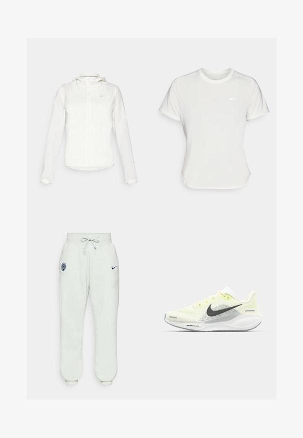 Valkoinen Nike-takki hupulla, täyspitkällä vetoketjulla, joustavilla hihansuilla ja hillityllä logolla rinnassa. Sujuva pinta ja kevyt muotoilu.; Nike T-paita valkoisena, lyhythihaisena, pyöreällä kaula-aukolla, valmistettu sileästä, kevyestä kankaasta. Rinnassa on huomaamaton logo.; Vaaleanharmaat collegehousut, joissa on joustava vyötärö, naru, nilkkaraskaimet ja tummansininen emblem, jossa on logo vasemmassa reidessä.; Nike juoksukengät, joissa on vaaleankeltainen ja valkoinen verkko-osa, harmaita yksityiskohtia ja joustava kumipohja. Varusteet nauhakiinnityksellä.