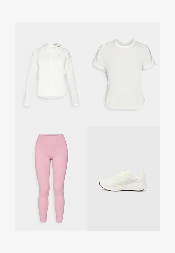 Chaqueta blanca de Nike con capucha, cremallera completa, puños elásticos y un logo sutil en el pecho. Textura suave y diseño ligero.; Camiseta Nike en blanco, de manga corta, escote redondo, hecha de una tela suave y ligera. Presenta un logo sutil en el pecho.; Leggings rosas con una cinturilla alta, hechos de una tela suave y elástica. Presentan un detalle mínimo de costuras y un pequeño acento de logo.; Nike Performance DOWNSHIFTER 13 - Zapatillas running asfalto - sail/silver-coloured photon dust/summit white/barely volt/black