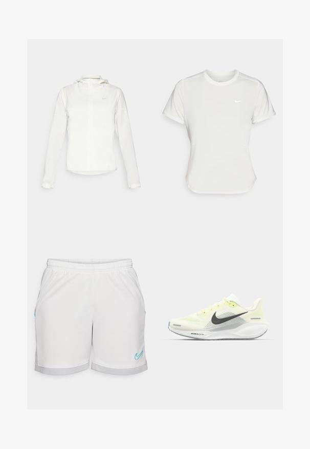 Witte Nike-jack met een capuchon, volledige rits, elastische manchetten en een subtiele logo op de borst. Gladde textuur en lichtgewicht ontwerp.; Nike T-shirt in het wit, korte mouwen, ronde halslijn, gemaakt van een gladde, lichte stof. Bevat een subtiele logo op de borst.; Witte sportieve shorts met een elastische tailleband, voorzien van turquoise accenten en een grijze mesh zoom. Gladde stofstructuur, rechte snit.; Nike hardloopschoenen met een lichtgele en witte mesh bovenkant, grijze accenten en een flexibele rubberen zool. Voorzien van een vetersluiting.