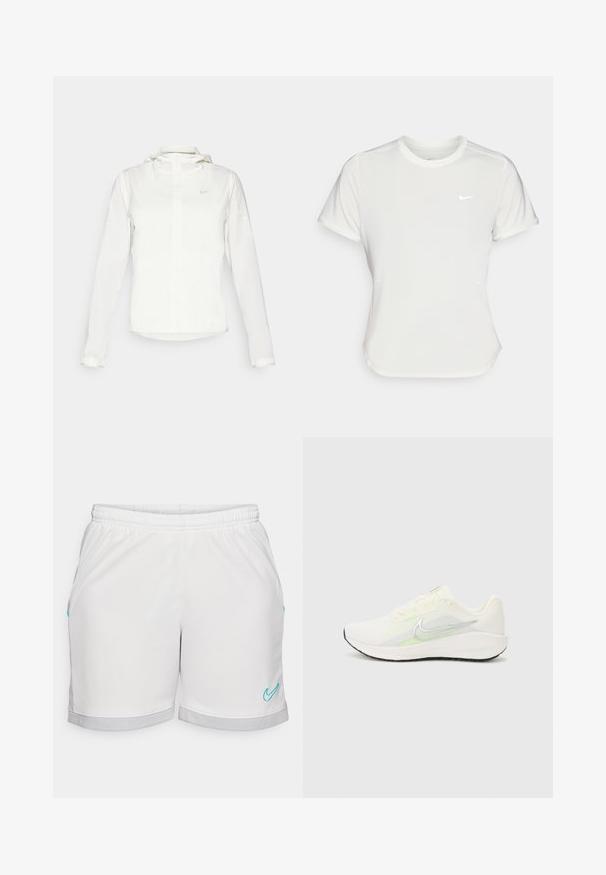 Weiße Nike-Jacke mit Kapuze, durchgehendem Reißverschluss, elastischen Bündchen und einem dezenten Logo auf der Brust. Glatte Textur und leichtes Design.; Nike T-Shirt in Weiß, mit kurzen Ärmeln und rundem Kragen, aus einem glatten, leichten Stoff gefertigt. Verfügt über ein dezentes Logo auf der Brust.; Weiße Sportshorts mit elastischem Bund, ausgestattet mit türkisfarbenen Akzenten und einem grauen Mesh-Saum. Glatte Stoffstruktur, gerade geschnitten.; Nike Performance DOWNSHIFTER 13 - Laufschuh Straße - sail/silver-coloured photon dust/summit white/barely volt/black