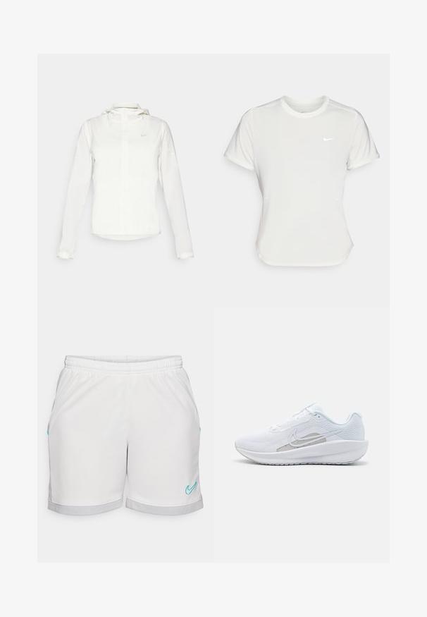 Giacca Nike bianca con cappuccio, zip completa, polsini elasticizzati e un logo discreto sul petto. Texture liscia e design leggero.; T-shirt Nike bianco, maniche corte, scollatura rotonda, realizzata in un tessuto morbido e leggero. Presenta un logo discreto sul petto.; Pantaloni sportivi bianchi con fascia elastica in vita, caratterizzati da accenti turchesi e un orlo in rete grigia. Tessuto morbido, taglio dritto.; Scarpa sportiva bianca con tomaia in rete, punta arrotondata e suola testurizzata. Presenta il logo Nike in argento e un design minimalista.