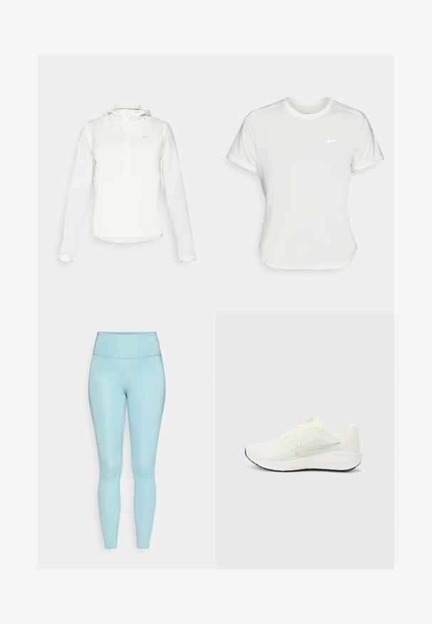Casaco branco da Nike com capuz, fecho completo, punhos elásticos e um logótipo subtil no peito. Textura suave e design leve.; T-shirt da Nike em branco, mangas curtas, decote redondo, feito de um tecido liso e leve. Apresenta um logo discreto no peito.; Leggings de cintura alta azul claro com uma textura lisa e elástica. Apresenta costuras mínimas e um pequeno logotipo na coxa.; Nike Performance DOWNSHIFTER 13 - Sapatos para corrida em estrada - sail/silver-coloured photon dust/summit white/barely volt/black