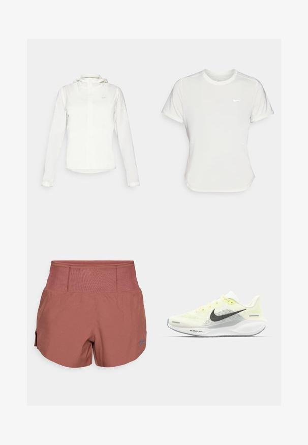 Witte Nike-jack met een capuchon, volledige rits, elastische manchetten en een subtiele logo op de borst. Gladde textuur en lichtgewicht ontwerp.; Nike T-shirt in het wit, korte mouwen, ronde halslijn, gemaakt van een gladde, lichte stof. Bevat een subtiele logo op de borst.; Korte broek in terracotta kleur met een brede, ribbelachtige tailleband. Kenmerkt zich door een zachte, lichte stof en zijsplitten voor bewegingsvrijheid. Blauwe logo-accent.; Nike hardloopschoenen met een lichtgele en witte mesh bovenkant, grijze accenten en een flexibele rubberen zool. Voorzien van een vetersluiting.