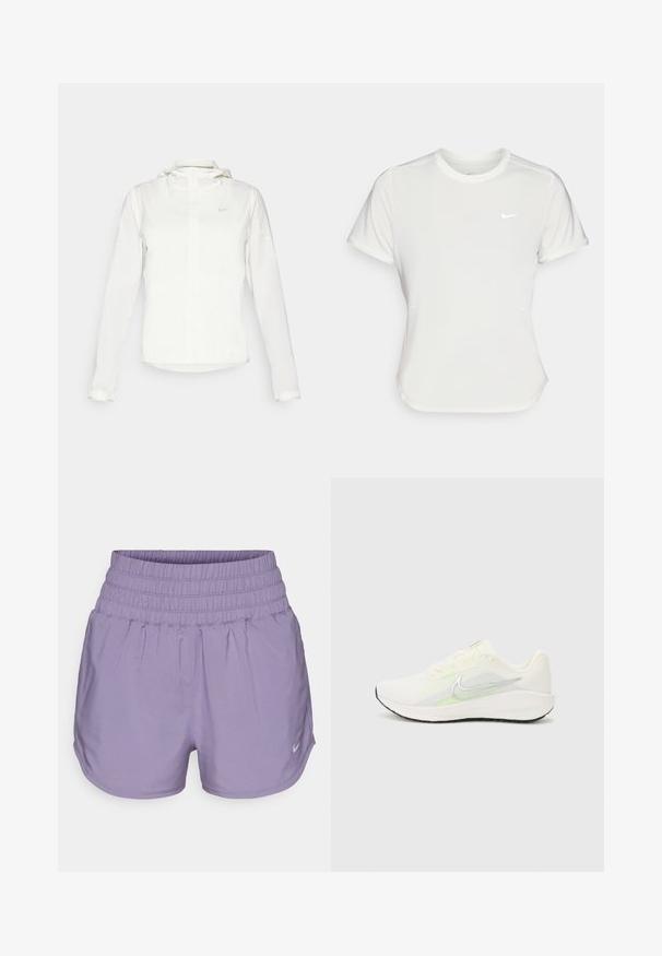 Casaco branco da Nike com capuz, fecho completo, punhos elásticos e um logótipo subtil no peito. Textura suave e design leve.; T-shirt da Nike em branco, mangas curtas, decote redondo, feito de um tecido liso e leve. Apresenta um logo discreto no peito.; Nike Performance ONE - Calções desportivos - daybreak/reflective silver; Nike Performance DOWNSHIFTER 13 - Sapatos para corrida em estrada - sail/silver-coloured photon dust/summit white/barely volt/black