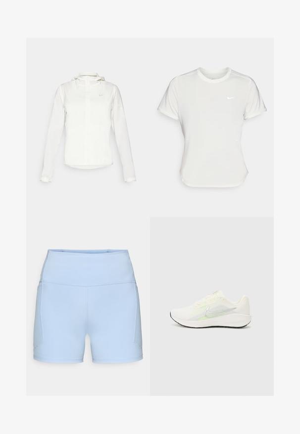Jachetă albă Nike cu glugă, fermoar pe toată lungimea, manșete elastice și un logo subtil pe piept. Textură netedă și design ușor.; Tricou Nike alb, cu mâneci scurte, decolteu rotund, fabricat dintr-un material neted și ușor. Prezintă un logo subtil pe piept.; Pantaloni scurți de sport de un albastru deschis, confecționați dintr-un material elastic, cu talie înaltă și cusături plate. Dispun de buzunare laterale și o textură netedă.; Nike Performance DOWNSHIFTER 13 - Pantofi de alergare pe asfalt - sail/silver-coloured photon dust/summit white/barely volt/black