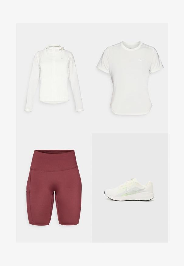 Chaqueta blanca de Nike con capucha, cremallera completa, puños elásticos y un logo sutil en el pecho. Textura suave y diseño ligero.; Camiseta Nike en blanco, de manga corta, escote redondo, hecha de una tela suave y ligera. Presenta un logo sutil en el pecho.; Pantalones cortos de talle alto burdeos con una tela suave y elástica. Presentan un bolsillo lateral y un diseño ajustado, adecuado para ropa de actividad.; Nike Performance DOWNSHIFTER 13 - Zapatillas running asfalto - sail/silver-coloured photon dust/summit white/barely volt/black