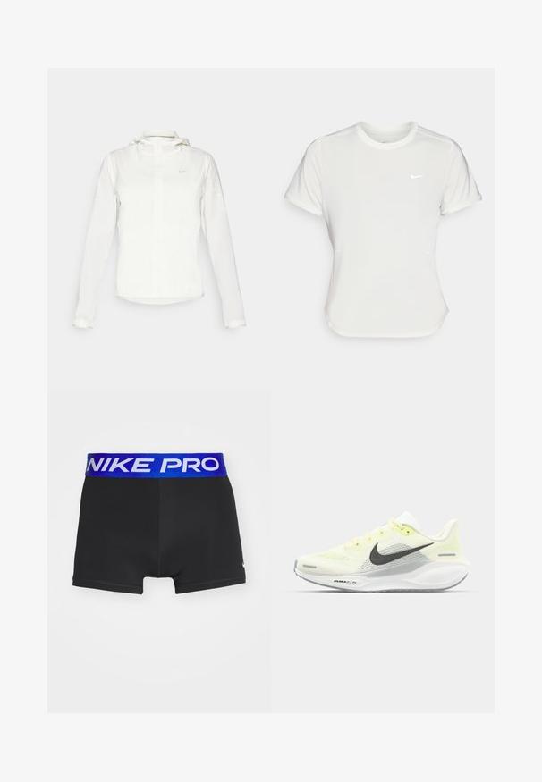 Witte Nike-jack met een capuchon, volledige rits, elastische manchetten en een subtiele logo op de borst. Gladde textuur en lichtgewicht ontwerp.; Nike T-shirt in het wit, korte mouwen, ronde halslijn, gemaakt van een gladde, lichte stof. Bevat een subtiele logo op de borst.; Zwarte sportshorts met een brede blauwe elastieken tailleband met "NIKE PRO" in het wit. Glad materiaal, aansluitend ontwerp, boven de knie lengte.; Nike hardloopschoenen met een lichtgele en witte mesh bovenkant, grijze accenten en een flexibele rubberen zool. Voorzien van een vetersluiting.