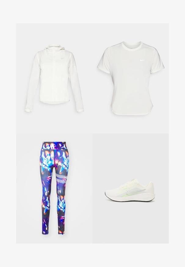 Valkoinen Nike-takki hupulla, täyspitkällä vetoketjulla, joustavilla hihansuilla ja hillityllä logolla rinnassa. Sujuva pinta ja kevyt muotoilu.; Nike T-paita valkoisena, lyhythihaisena, pyöreällä kaula-aukolla, valmistettu sileästä, kevyestä kankaasta. Rinnassa on huomaamaton logo.; Legginsit, joissa on elinvoimainen kukkakuosi, jossa on sinisiä, purppuraisia ja oransseja värejä. Valmistettu joustavasta materiaalista, jossa on tiukka malli ja hienovaraiset verkkoaksonit.; Nike Performance DOWNSHIFTER 13 - Katujuoksukengät - sail/silver-coloured photon dust/summit white/barely volt/black