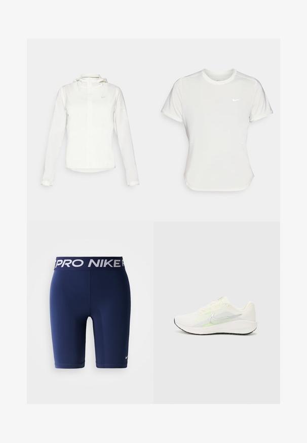 Giacca Nike bianca con cappuccio, zip completa, polsini elasticizzati e un logo discreto sul petto. Texture liscia e design leggero.; T-shirt Nike bianco, maniche corte, scollatura rotonda, realizzata in un tessuto morbido e leggero. Presenta un logo discreto sul petto.; Pantaloni corti compressivi Nike Pro blu navy con cintura elastica, caratterizzati da un marchio Nike Pro bianco e un piccolo logo Nike bianco sulla gamba.; Nike Performance DOWNSHIFTER 13 - Scarpe da corsa su strada - sail/silver-coloured photon dust/summit white/barely volt/black