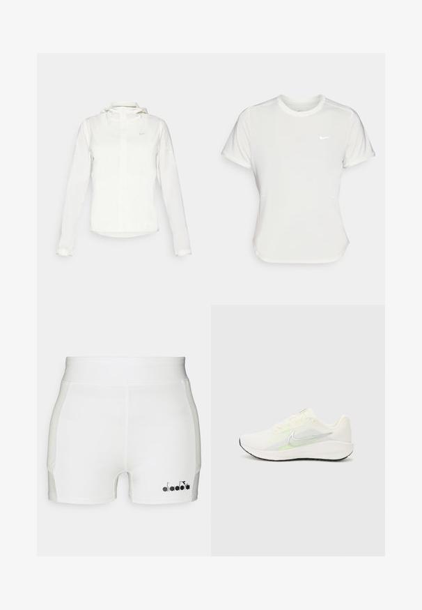 Bijela Nike jakna s kapuljačom, punim zatvaračem, elastičnim manžetama i suptilnim logotipom na prsima. Glatka textura i lagan dizajn.; Nike majica u bijeloj boji, kratkih rukava, okruglog izreza, izrađena od glatkog, laganog materijala. Sadrži diskretni логотип na prsima.; Bijele atletske kratke hlače s prilagođenim dizajnom, izrađene od glatkog materijala, sa crnim logo detaljem na donjoj lijevoj strani.; Nike Performance DOWNSHIFTER 13 - Tenisice za cestovno trčanje - sail/silver-coloured photon dust/summit white/barely volt/black