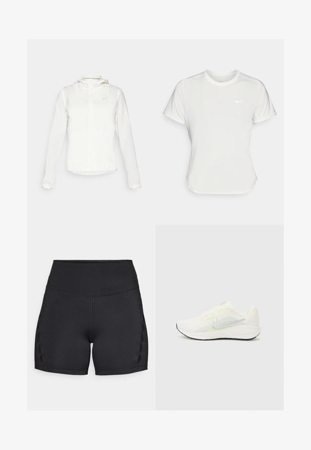 Casaco branco da Nike com capuz, fecho completo, punhos elásticos e um logótipo subtil no peito. Textura suave e design leve.; T-shirt da Nike em branco, mangas curtas, decote redondo, feito de um tecido liso e leve. Apresenta um logo discreto no peito.; Calções atléticos pretos com cintura alta, textura suave e detalhes laterais com recortes para ventilação. Construção sem costura para conforto.; Nike Performance DOWNSHIFTER 13 - Sapatos para corrida em estrada - sail/silver-coloured photon dust/summit white/barely volt/black