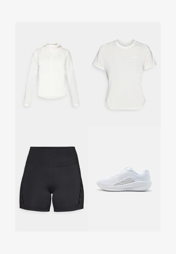 Balta Nike striukė su gobtuvu, pilnu užtrauktuku, elastingomis rankovėmis ir subtiliu logotipu ant krūtinės. Sklandi tekstūra ir lengvas dizainas.; Nike marškinėliai balti, trumpomis rankovėmis, apvaliu iškirpimu, pagaminti iš lygaus, lengvo audinio. Yra subtilus logotipas ant krūtinės.; Juodos sportinės šortai su aukštu liemeniu, lygiomis tekstūromis ir šoninėmis detalėmis su išpjovomis, užtikrinančiomis ventiliaciją. Be siūlių konstrukcija, garantuojanti komfortą.; Baldas sportinis batelis su tinkleliu viršuje, apvaliu toe ir tekstūruota padais. Pabrėžia sidabrinį Nike swoosh ir minimalistinį dizainą.