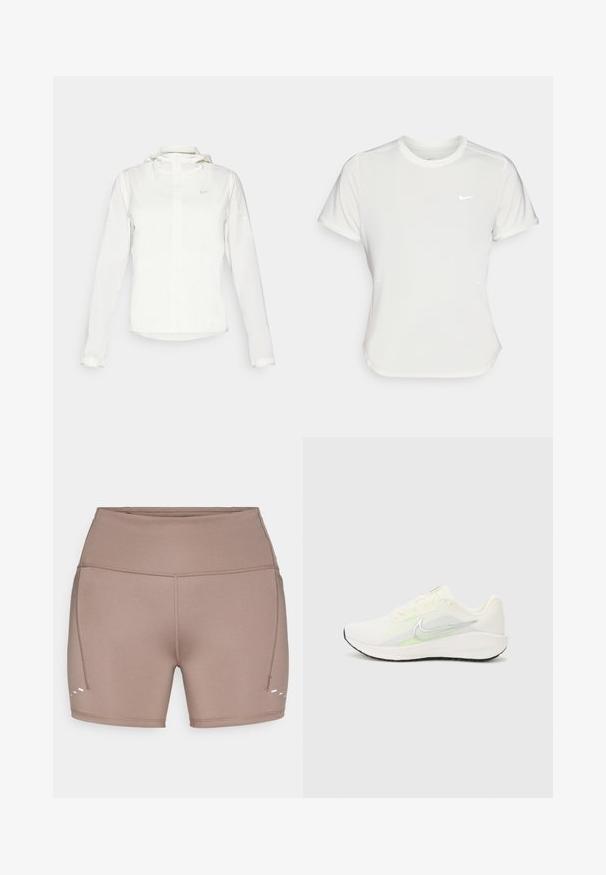 Weiße Nike-Jacke mit Kapuze, durchgehendem Reißverschluss, elastischen Bündchen und einem dezenten Logo auf der Brust. Glatte Textur und leichtes Design.; Nike T-Shirt in Weiß, mit kurzen Ärmeln und rundem Kragen, aus einem glatten, leichten Stoff gefertigt. Verfügt über ein dezentes Logo auf der Brust.; Braune, dehnbare Sportshorts mit hohem Bund, Seitennaht-Stichen und drei weißen Akzentlinien nahe dem Saum.; Nike Performance DOWNSHIFTER 13 - Laufschuh Straße - sail/silver-coloured photon dust/summit white/barely volt/black