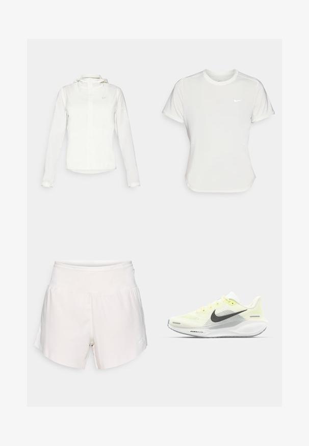 Witte Nike-jack met een capuchon, volledige rits, elastische manchetten en een subtiele logo op de borst. Gladde textuur en lichtgewicht ontwerp.; Nike T-shirt in het wit, korte mouwen, ronde halslijn, gemaakt van een gladde, lichte stof. Bevat een subtiele logo op de borst.; Lichtbeige sportshorts met een elastische tailleband, een gebogen zoom en een klein wit logo aan de rechterkant. Glad stoftextuur.; Nike hardloopschoenen met een lichtgele en witte mesh bovenkant, grijze accenten en een flexibele rubberen zool. Voorzien van een vetersluiting.