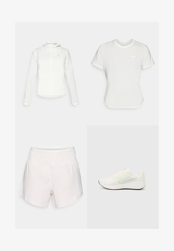 Balta Nike jaka ar kapuci, pilna rāvējslēdzēja, elastīgām piedurknēm un diskrētu logotipu uz krūšu daļas. Gluda tekstūra un viegla konstrukcija.; Nike t-krekls baltā krāsā, īsām piedurknēm, ar apaļu kakla izgriezumu, izgatavots no gludas, vieglas auduma. Uz krūtīm ir diskreta logo.; Gaiši bēši sporta šorti ar elastīgu jostu, izliekta apakšmala un mazs balts logo labajā pusē. Gluda auduma tekstūra.; Nike Performance DOWNSHIFTER 13 - Apavi skriešanai pa asfaltu - sail/silver-coloured photon dust/summit white/barely volt/black