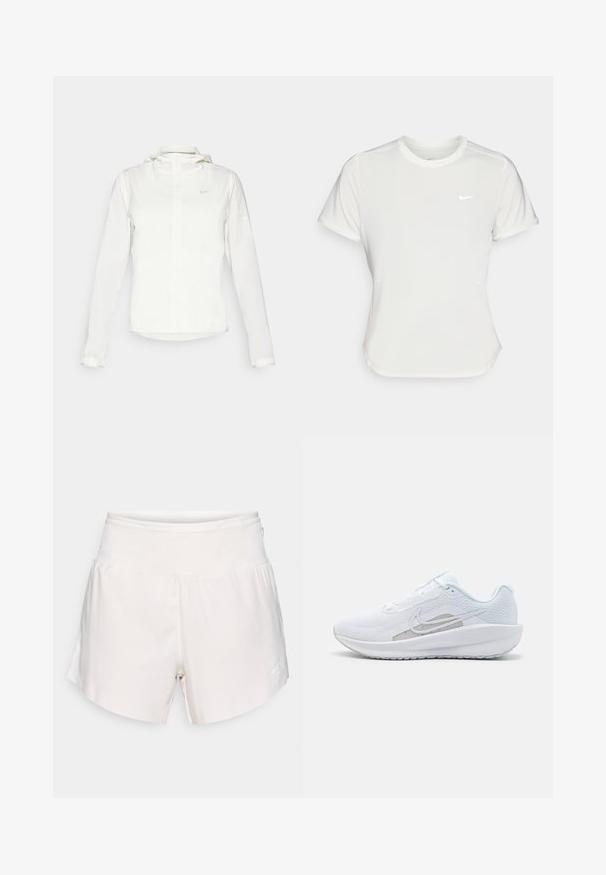 Bílá bunda Nike s kapucí, plným zipem, elastickými manžetami a decentním logem na hrudi. Hladká textura a lehký design.; Bílá Nike tričko s krátkými rukávy, kulatým výstřihem, vyrobené z hladké, lehké tkaniny. Obsahuje decentní logo na hrudi.; Světlé béžové sportovní šortky s elastickým pasem, zakřiveným lemem a malým bílým logem na pravé straně. Hladká textura látky.; Bílé sportovní boty s síťovaným vrškem, zaoblenou špičkou a texturovanou podrážkou. Mají stříbrný logo Nike a minimalistický design.