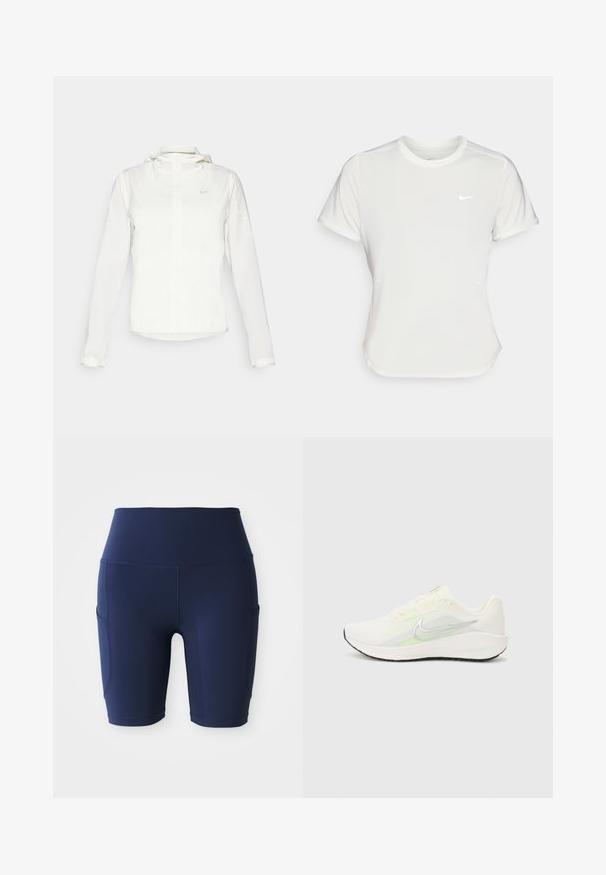 Casaco branco da Nike com capuz, fecho completo, punhos elásticos e um logótipo subtil no peito. Textura suave e design leve.; T-shirt da Nike em branco, mangas curtas, decote redondo, feito de um tecido liso e leve. Apresenta um logo discreto no peito.; Calções de bicicleta de cintura alta em azul marinho, feitos de tecido elástico e suave; apresentam bolsos laterais e um design ajustado.; Nike Performance DOWNSHIFTER 13 - Sapatos para corrida em estrada - sail/silver-coloured photon dust/summit white/barely volt/black