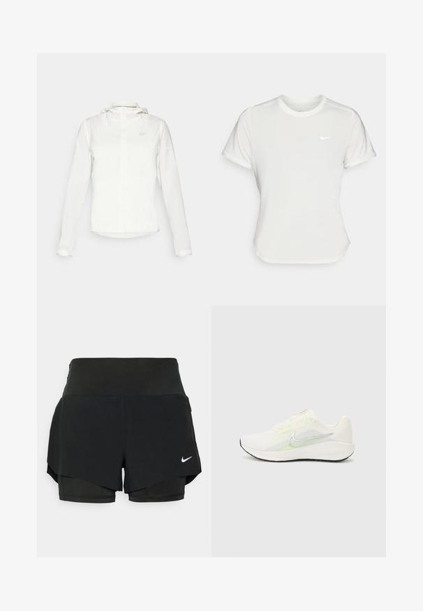 Witte Nike-jack met een capuchon, volledige rits, elastische manchetten en een subtiele logo op de borst. Gladde textuur en lichtgewicht ontwerp.; Nike T-shirt in het wit, korte mouwen, ronde halslijn, gemaakt van een gladde, lichte stof. Bevat een subtiele logo op de borst.; Zwarte sportshorts met een gelaagd ontwerp, bestaande uit een binnenbroek en een buitenoverlay, gemaakt van lichtgewicht, rekbaar materiaal.; Nike Performance DOWNSHIFTER 13 - Hardloopschoenen voor op de weg - sail/silver-coloured photon dust/summit white/barely volt/black