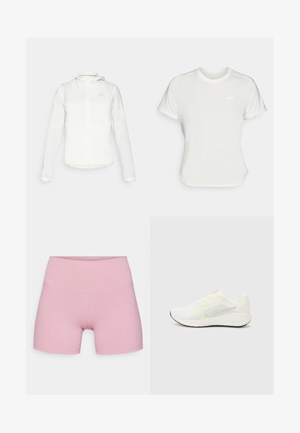 Chaqueta blanca de Nike con capucha, cremallera completa, puños elásticos y un logo sutil en el pecho. Textura suave y diseño ligero.; Camiseta Nike en blanco, de manga corta, escote redondo, hecha de una tela suave y ligera. Presenta un logo sutil en el pecho.; Nike Performance ONE SHORT - Leggings - elemental pink/black; Nike Performance DOWNSHIFTER 13 - Zapatillas running asfalto - sail/silver-coloured photon dust/summit white/barely volt/black