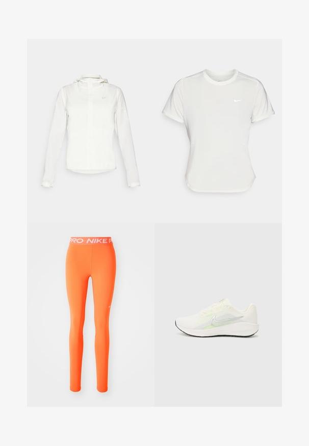 Hvid Nike-jakke med hætte, fuld lynlås, elastiske manchetter og et diskret logo på brystet. Glat tekstur og let design.; Nike T-shirt i hvid, med korte ærmer, rund halsudskæring, lavet af et glat, let stof. Har et diskret logo på brystet.; Orange atletiske leggings med et tætsiddende design, lavet af strækbart materiale. Har en hvid logo-linie og et lille logo på siden.; Nike Performance DOWNSHIFTER 13 - Løbesko til landevejen - sail/silver-coloured photon dust/summit white/barely volt/black
