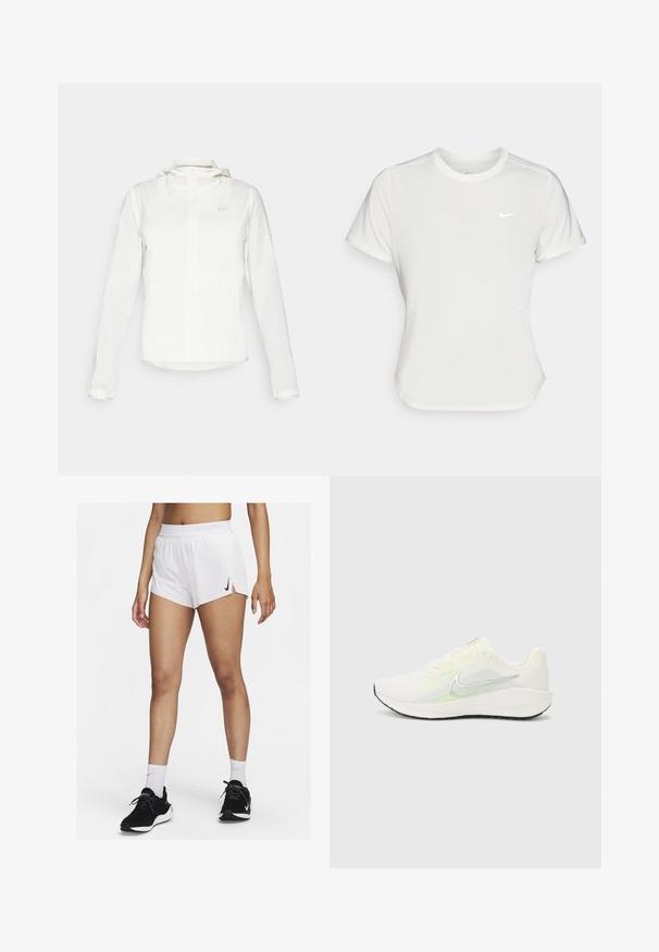 Weiße Nike-Jacke mit Kapuze, durchgehendem Reißverschluss, elastischen Bündchen und einem dezenten Logo auf der Brust. Glatte Textur und leichtes Design.; Nike T-Shirt in Weiß, mit kurzen Ärmeln und rundem Kragen, aus einem glatten, leichten Stoff gefertigt. Verfügt über ein dezentes Logo auf der Brust.; Weiße sportliche Shorts mit einem gerippten Bündchen, seitlichen Schlitzen und einem schwarzen Nike-Logo. Kombiniert mit schwarzen Turnschuhen und weißen Sportsocken.; Nike Performance DOWNSHIFTER 13 - Laufschuh Straße - sail/silver-coloured photon dust/summit white/barely volt/black