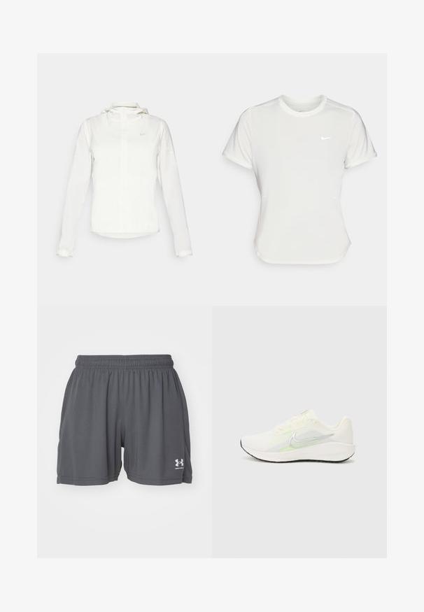 Vit Nike-jacka med huva, hel dragkedja, elastiska ärmslutar och en diskret logotyp på bröstet. Slät textur och lätt design.; Nike T-shirt i vitt, kortärmad, rund halsringning, tillverkad av ett mjukt, lätt material. Har en diskret logotyp på bröstet.; Grå sportshorts gjorda av lättviktig tyg, med elastisk midja och en vit logotyp på nedre vänstra benet. Slät textur.; Nike Performance DOWNSHIFTER 13 - Väglöparskor - sail/silver-coloured photon dust/summit white/barely volt/black