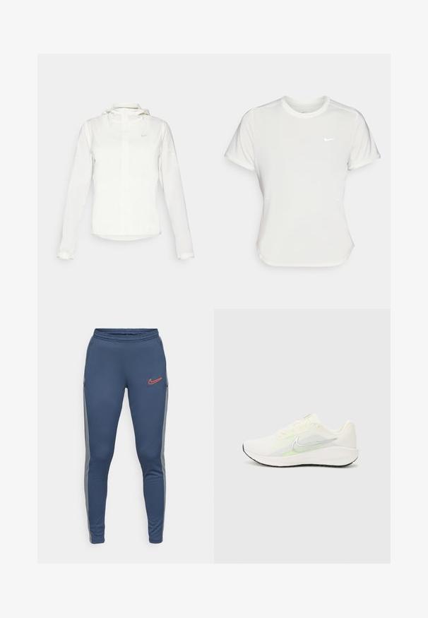 Casaco branco da Nike com capuz, fecho completo, punhos elásticos e um logótipo subtil no peito. Textura suave e design leve.; T-shirt da Nike em branco, mangas curtas, decote redondo, feito de um tecido liso e leve. Apresenta um logo discreto no peito.; Calças de atletismo azul-marinho com cintura ajustável por cordão, painéis laterais cinzentos e um logótipo laranja da Nike na perna esquerda. Tecido suave e elástico.; Nike Performance DOWNSHIFTER 13 - Sapatos para corrida em estrada - sail/silver-coloured photon dust/summit white/barely volt/black