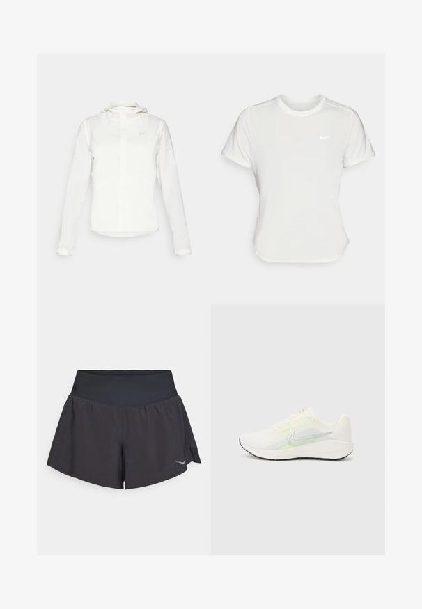 Valkoinen Nike-takki hupulla, täyspitkällä vetoketjulla, joustavilla hihansuilla ja hillityllä logolla rinnassa. Sujuva pinta ja kevyt muotoilu.; Nike T-paita valkoisena, lyhythihaisena, pyöreällä kaula-aukolla, valmistettu sileästä, kevyestä kankaasta. Rinnassa on huomaamaton logo.; Mustat urheilushortsit, joissa on leveä ja sileä vyötärö. Sisältää levenevän muotoilun ja heijastavan logokuvion oikealla alhaalla.; Nike Performance DOWNSHIFTER 13 - Katujuoksukengät - sail/silver-coloured photon dust/summit white/barely volt/black