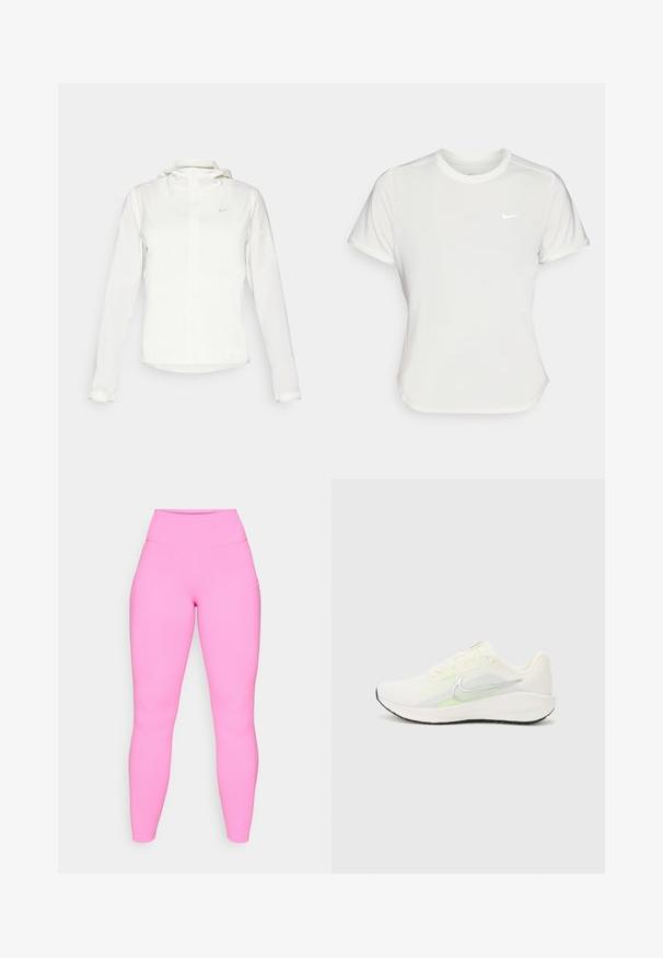 Biela Nike bunda s kapucňou, plným zipsom, elastickými manžetami a jemným logom na hrudi. Hladká textúra a ľahký dizajn.; Biele tričko Nike s krátkym rukávom a okrúhlym výstrihom, vyrobené z hladkej a ľahkej látky. Na hrudi má nenápadné logo.; Ružové legíny s vysokým pásom, vyrobené z elastického materiálu. Majú bočné vrecká a hladkú textúru, siahajú po členky.; Nike Performance DOWNSHIFTER 13 - Cestná bežecká obuv - sail/silver-coloured photon dust/summit white/barely volt/black
