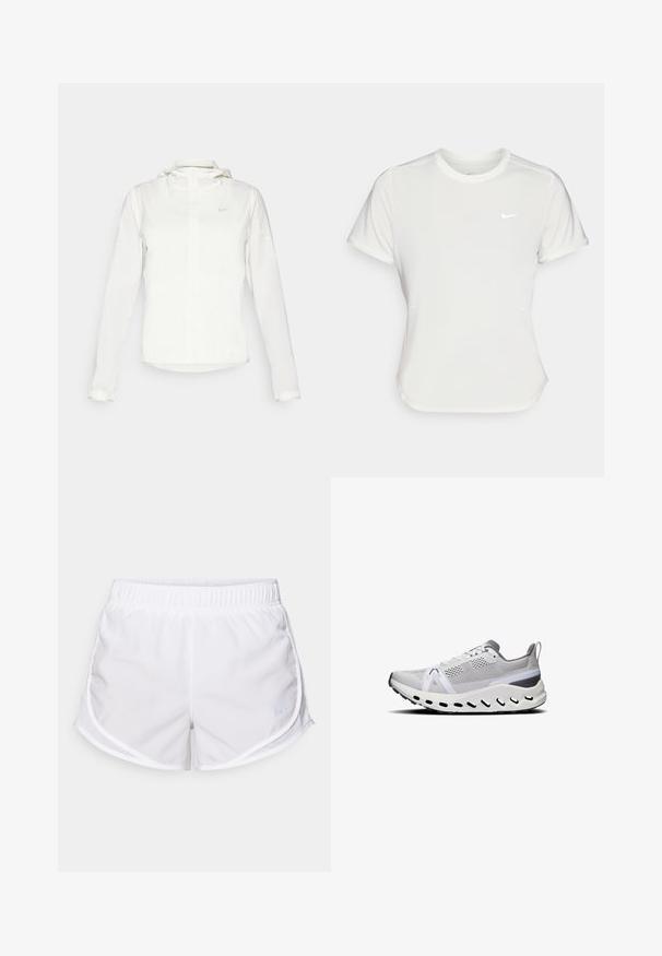 Bela Nike jakna s kapuco, polno zadrgo, elastičnimi manšetami in diskretnim logotipom na prsih. Gladka tekstura in lahko oblikovanje.; Nike majica v beli barvi, kratki rokavi, okrogla izrezana vrata, izdelana iz gladkega, lahkotnega materiala. Značilna je subtilna logo na prsnem delu.; Bele kratke športne hlače iz lahkega, zračnega materiala. Imajo elastičen pas in mrežaste stranske panele, ter majhen modri logo kot dodatek.; Bele športne superge z mrežasto zgornjico, sivi poudarki, debel podplat za blaženje in več prezračevalnih lukenj ob spodnjem robu.