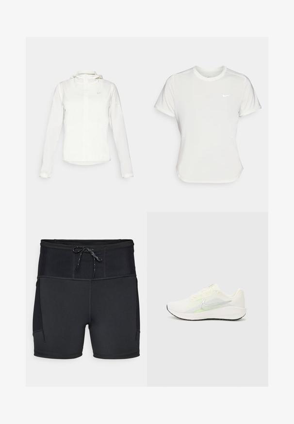 Witte Nike-jack met een capuchon, volledige rits, elastische manchetten en een subtiele logo op de borst. Gladde textuur en lichtgewicht ontwerp.; Nike T-shirt in het wit, korte mouwen, ronde halslijn, gemaakt van een gladde, lichte stof. Bevat een subtiele logo op de borst.; Zwarte sportshorts met een hoge tailleband, een getextureerd bovenpaneel en een trekkoord. Voorzien van vlakke naden en zijzakken.; Nike Performance DOWNSHIFTER 13 - Hardloopschoenen voor op de weg - sail/silver-coloured photon dust/summit white/barely volt/black