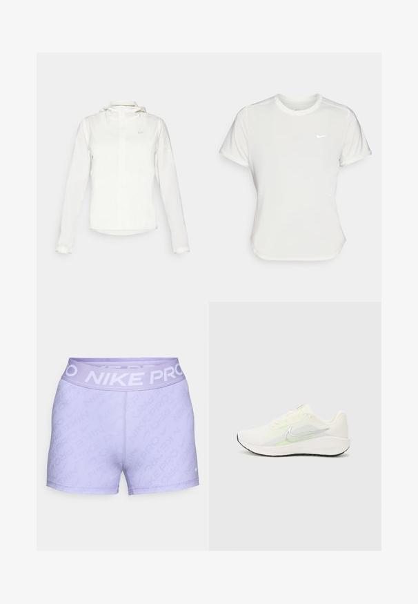 Weiße Nike-Jacke mit Kapuze, durchgehendem Reißverschluss, elastischen Bündchen und einem dezenten Logo auf der Brust. Glatte Textur und leichtes Design.; Nike T-Shirt in Weiß, mit kurzen Ärmeln und rundem Kragen, aus einem glatten, leichten Stoff gefertigt. Verfügt über ein dezentes Logo auf der Brust.; Helle lila Nike Pro Shorts mit strukturiertem Rippenmuster, elastischem Bund mit dem Markennamen in Weiß und genähten Saumdetails.; Nike Performance DOWNSHIFTER 13 - Laufschuh Straße - sail/silver-coloured photon dust/summit white/barely volt/black