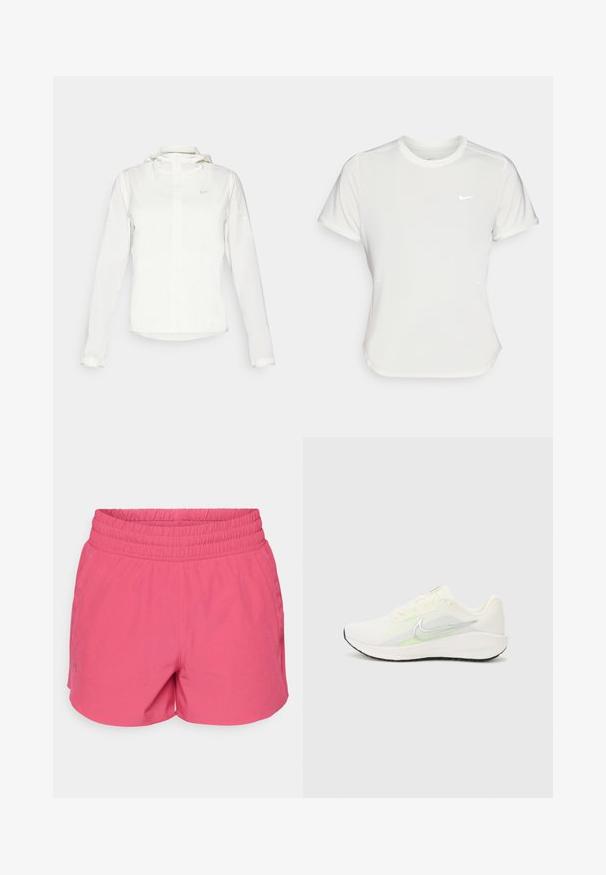 Balta Nike jaka ar kapuci, pilna rāvējslēdzēja, elastīgām piedurknēm un diskrētu logotipu uz krūšu daļas. Gluda tekstūra un viegla konstrukcija.; Nike t-krekls baltā krāsā, īsām piedurknēm, ar apaļu kakla izgriezumu, izgatavots no gludas, vieglas auduma. Uz krūtīm ir diskreta logo.; Rozā sporta šorti ar elastīgu jostu, piedāvājot gludu tekstūru un vieglu izstiepšanos. Dizainā iekļautas divas sānu kabatas.; Nike Performance DOWNSHIFTER 13 - Apavi skriešanai pa asfaltu - sail/silver-coloured photon dust/summit white/barely volt/black