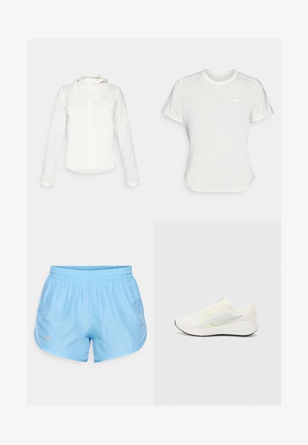 Balta Nike jaka ar kapuci, pilna rāvējslēdzēja, elastīgām piedurknēm un diskrētu logotipu uz krūšu daļas. Gluda tekstūra un viegla konstrukcija.; Nike t-krekls baltā krāsā, īsām piedurknēm, ar apaļu kakla izgriezumu, izgatavots no gludas, vieglas auduma. Uz krūtīm ir diskreta logo.; Gaiši zili sporta šorti, izgatavoti no gludas auduma. Aprīkoti ar elastīgu jostasvietu un logotipu kreisajā apakšējā stūrī. Izstrādāti ērtai valkāšanai un kustībai.; Nike Performance DOWNSHIFTER 13 - Apavi skriešanai pa asfaltu - sail/silver-coloured photon dust/summit white/barely volt/black