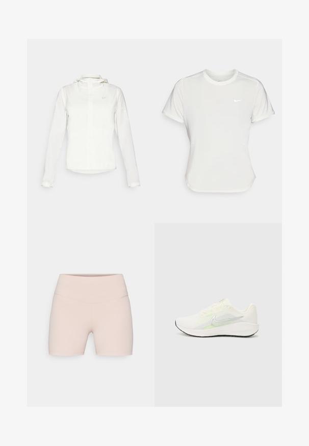 Fehér Nike dzseki kapucnival, teljes cipzárral, rugalmas mandzsettákkal és egy diszkrét logóval a mellkason. Sima textúrájú és könnyű kialakítású.; Fehér Nike póló, rövid ujjú, kerek nyakú, sima, könnyű anyagból készült. Diszkrét logóval rendelkezik a mellkason.; Nike Performance ONE SHORT - Leggingek - particle beige/black; Nike Performance DOWNSHIFTER 13 - Utcai futócipők - sail/silver-coloured photon dust/summit white/barely volt/black