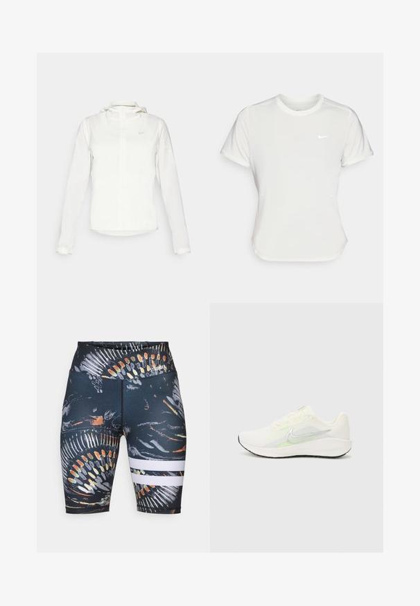 Witte Nike-jack met een capuchon, volledige rits, elastische manchetten en een subtiele logo op de borst. Gladde textuur en lichtgewicht ontwerp.; Nike T-shirt in het wit, korte mouwen, ronde halslijn, gemaakt van een gladde, lichte stof. Bevat een subtiele logo op de borst.; Zwarte sportieve shorts met een kleurrijke abstracte print. Inclusief twee witte horizontale strepen nabij de zoom. Gemaakt van rekbaar materiaal.; Nike Performance DOWNSHIFTER 13 - Hardloopschoenen voor op de weg - sail/silver-coloured photon dust/summit white/barely volt/black