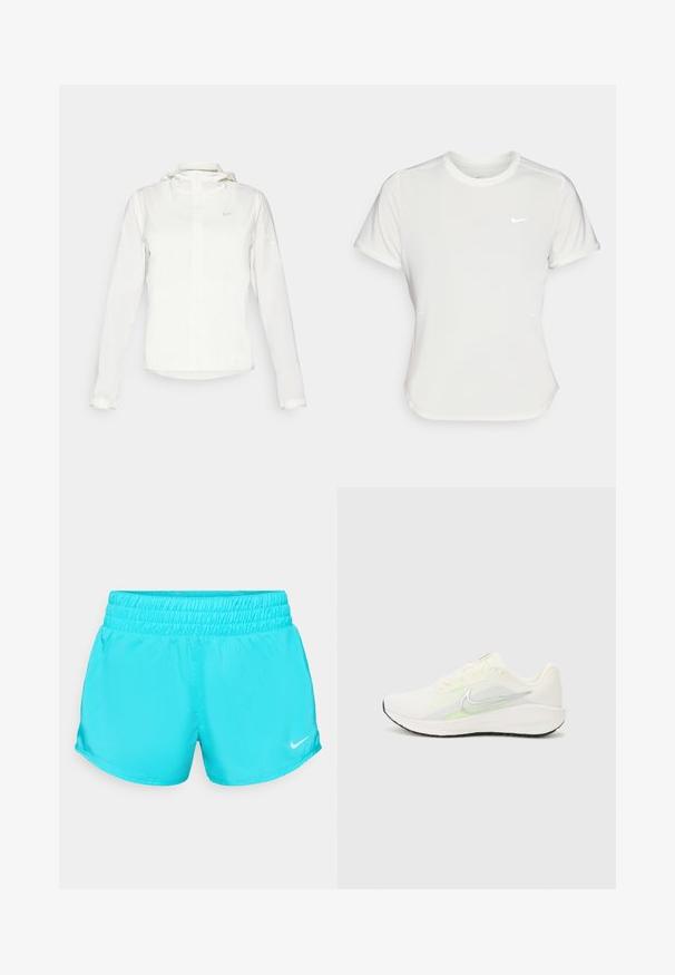 Witte Nike-jack met een capuchon, volledige rits, elastische manchetten en een subtiele logo op de borst. Gladde textuur en lichtgewicht ontwerp.; Nike T-shirt in het wit, korte mouwen, ronde halslijn, gemaakt van een gladde, lichte stof. Bevat een subtiele logo op de borst.; Turquoise sportshorts met een elastische tailleband en een klein wit Nike-logo op de onderzijde aan de rechterkant. Glad, lichtgewicht materiaal.; Nike Performance DOWNSHIFTER 13 - Hardloopschoenen voor op de weg - sail/silver-coloured photon dust/summit white/barely volt/black