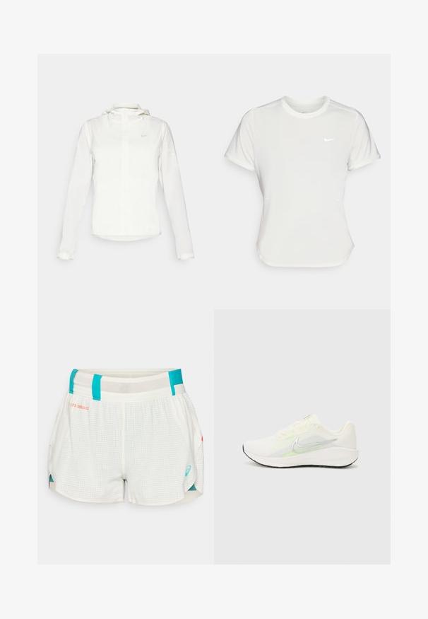 Veste blanche Nike avec capuche, fermeture éclair intégrale, poignets élastiques et un logo discret sur la poitrine. Texture lisse et design léger.; T-shirt Nike en blanc, à manches courtes, col rond, fabriqué dans un tissu lisse et léger. Présente un logo discret sur la poitrine.; Shorts de course blancs à motifs avec des accents turquoise, taille en maille respirante et fentes latérales pour la mobilité. Présente le logo de la marque en turquoise.; Nike Performance DOWNSHIFTER 13 - Chaussures de running sur route - sail/silver-coloured photon dust/summit white/barely volt/black