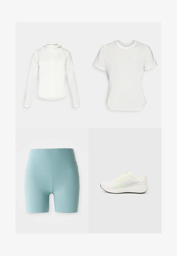 Casaco branco da Nike com capuz, fecho completo, punhos elásticos e um logótipo subtil no peito. Textura suave e design leve.; T-shirt da Nike em branco, mangas curtas, decote redondo, feito de um tecido liso e leve. Apresenta um logo discreto no peito.; Calções de desporto ajustados de cintura alta em azul claro, com um pequeno logótipo discreto no quadril direito, sobre um fundo branco.; Nike Performance DOWNSHIFTER 13 - Sapatos para corrida em estrada - sail/silver-coloured photon dust/summit white/barely volt/black