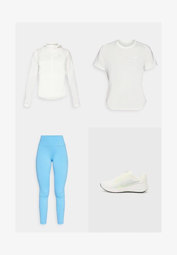 Hvid Nike-jakke med hætte, fuld lynlås, elastiske manchetter og et diskret logo på brystet. Glat tekstur og let design.; Nike T-shirt i hvid, med korte ærmer, rund halsudskæring, lavet af et glat, let stof. Har et diskret logo på brystet.; Blå højtaljede leggings lavet af strækbart materiale, med en glat tekstur og tætsiddende design. Diskret Nike-logo nær anklen.; Nike Performance DOWNSHIFTER 13 - Løbesko til landevejen - sail/silver-coloured photon dust/summit white/barely volt/black